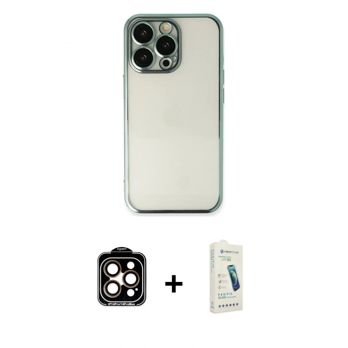 MARSİLYAN™- iPhone 14 Pro Max Kılıf Vadi Minimal - Şeffaf Pasifik Cam Ekran Koruyucu + PVD Metal Kamera Lens - TU