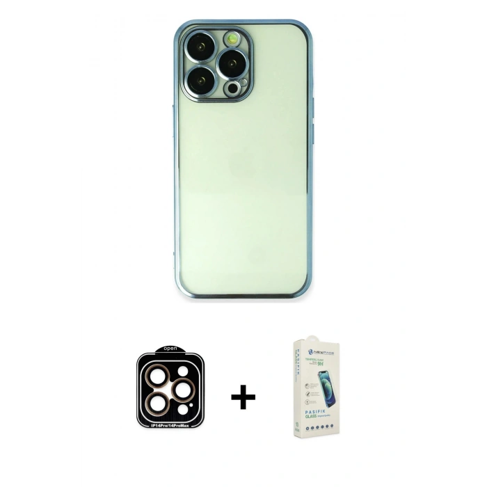 MARSİLYAN™- iPhone 14 Pro Max Kılıf Vadi Minimal - Şeffaf Pasifik Cam Ekran Koruyucu + PVD Metal Kamera Lens - TU