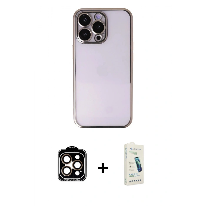 MARSİLYAN™- iPhone 14 Pro Max Kılıf Vadi Minimal - Şeffaf Pasifik Cam Ekran Koruyucu + PVD Metal Kamera Lens - TU
