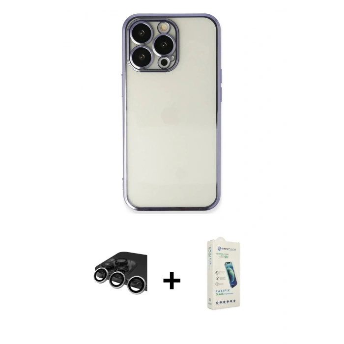 MARSİLYAN™- iPhone 14 Pro Max Kılıf Vadi Minimal - Şeffaf Pasifik Cam Ekran Koruyucu + Raze Metal Kamera Lens - GS