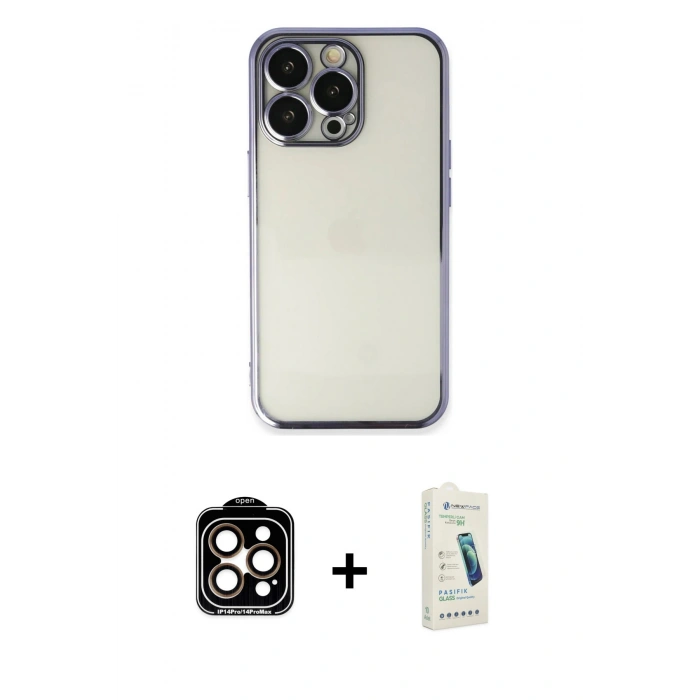 MARSİLYAN™- iPhone 14 Pro Max Kılıf Vadi Minimal - Şeffaf Pasifik Cam Ekran Koruyucu + PVD Metal Kamera Lens - TU