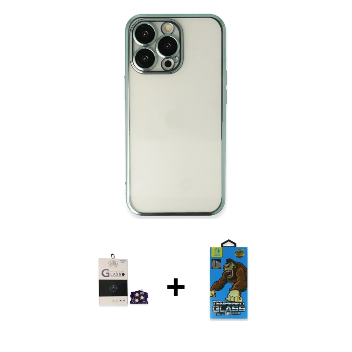 MARSİLYAN™- iPhone 14 Pro Max Kılıf Vadi Minimal - Siyah 18D Cam Ekran Koruyucu + Gold Bilvis Titan Kamera Lens