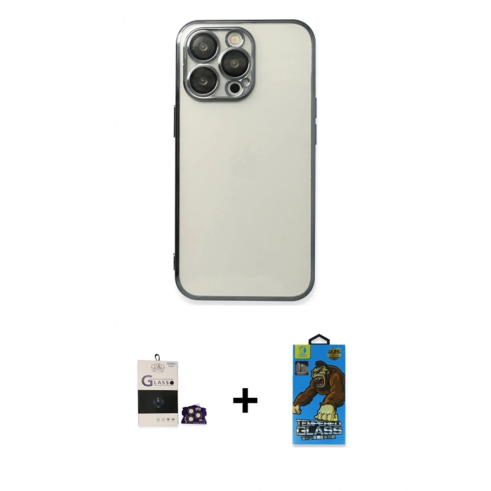 MARSİLYAN™- iPhone 14 Pro Max Kılıf Vadi Minimal - Siyah 18D Cam Ekran Koruyucu + Gold Bilvis Titan Kamera Lens