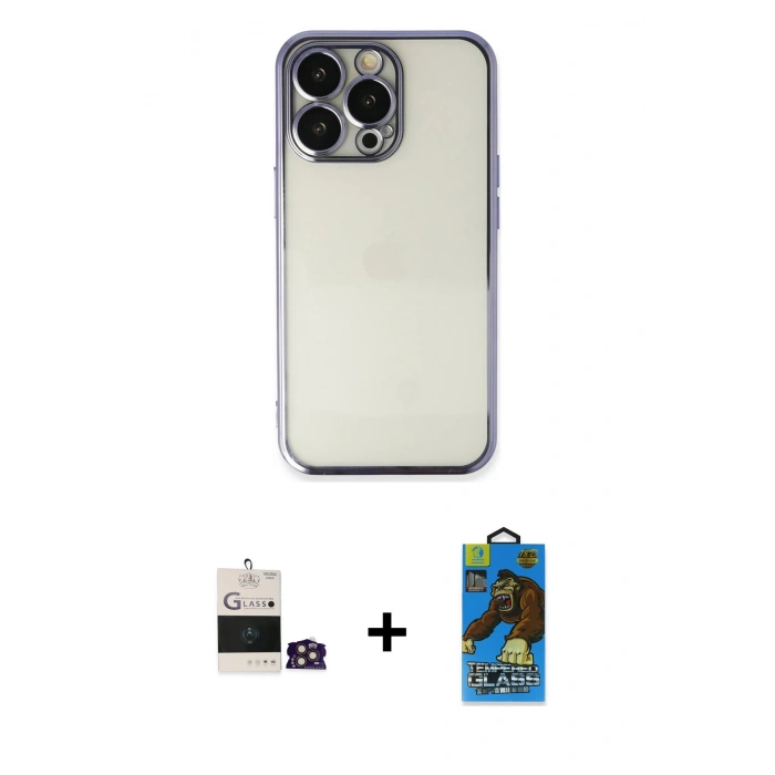 MARSİLYAN™- iPhone 14 Pro Max Kılıf Vadi Minimal - Siyah 18D Cam Ekran Koruyucu + Gold Bilvis Titan Kamera Lens