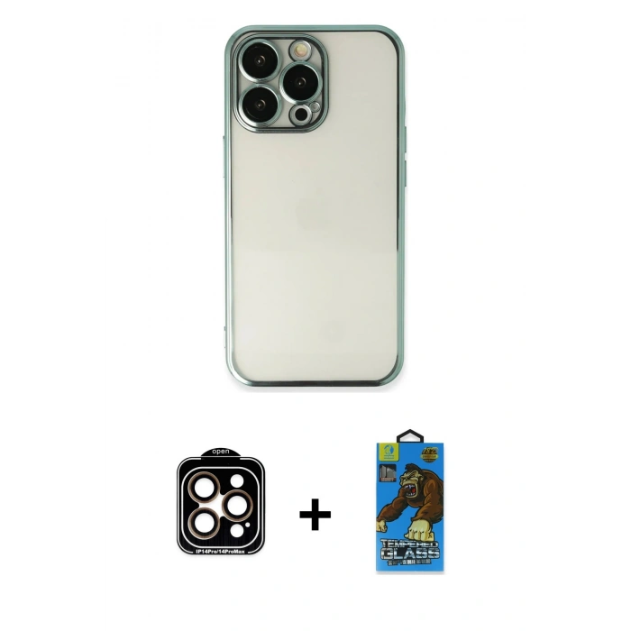 MARSİLYAN™- iPhone 14 Pro Max Kılıf Vadi Minimal - Siyah 18D Cam Ekran Koruyucu + PVD Metal Kamera Lens - TU