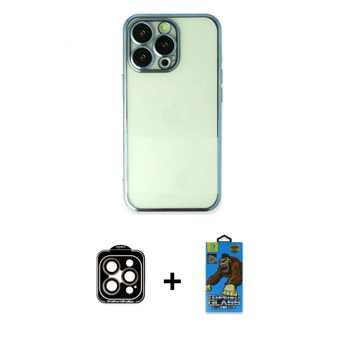 MARSİLYAN™- iPhone 14 Pro Max Kılıf Vadi Minimal - Siyah 18D Cam Ekran Koruyucu + PVD Metal Kamera Lens - TU