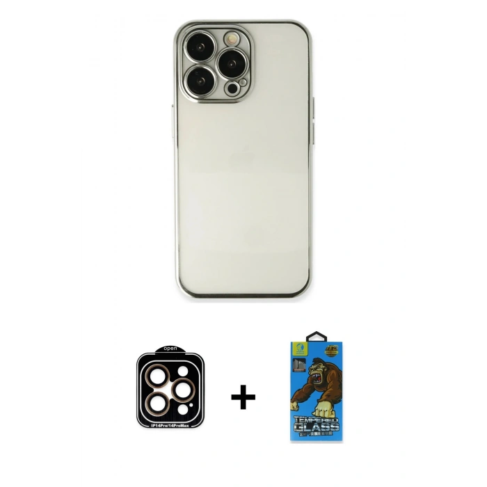 MARSİLYAN™- iPhone 14 Pro Max Kılıf Vadi Minimal - Siyah 18D Cam Ekran Koruyucu + PVD Metal Kamera Lens - TU