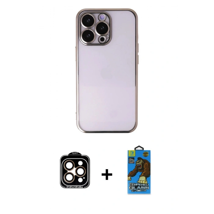 MARSİLYAN™- iPhone 14 Pro Max Kılıf Vadi Minimal - Siyah 18D Cam Ekran Koruyucu + PVD Metal Kamera Lens - TU