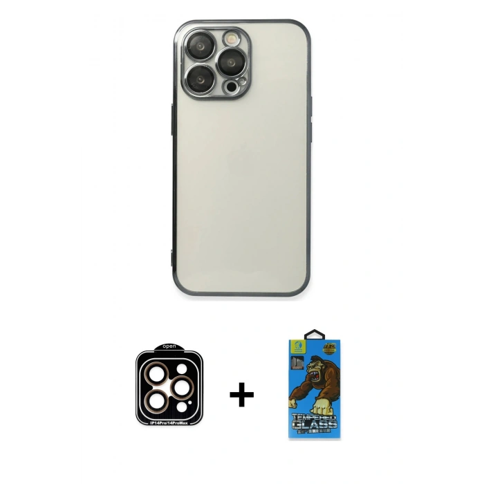 MARSİLYAN™- iPhone 14 Pro Max Kılıf Vadi Minimal - Siyah 18D Cam Ekran Koruyucu + PVD Metal Kamera Lens - TU