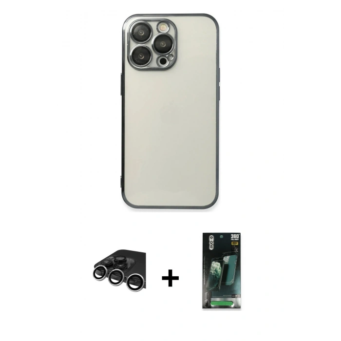 MARSİLYAN™- iPhone 14 Pro Max Kılıf Vadi Minimal - Siyah 360 Mat Full Body Arka Koruyucu + Raze Metal Kamera Lens - GS