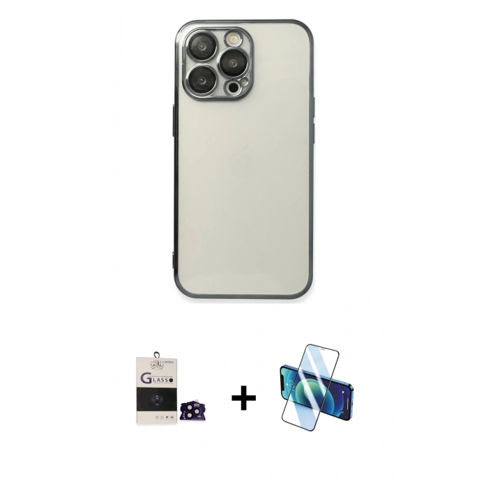 MARSİLYAN™- iPhone 14 Pro Max Kılıf Vadi Minimal - Siyah 3D Antistatik Cam Ekran Koruyucu + Siyah Bilvis Titan Kamera Lens