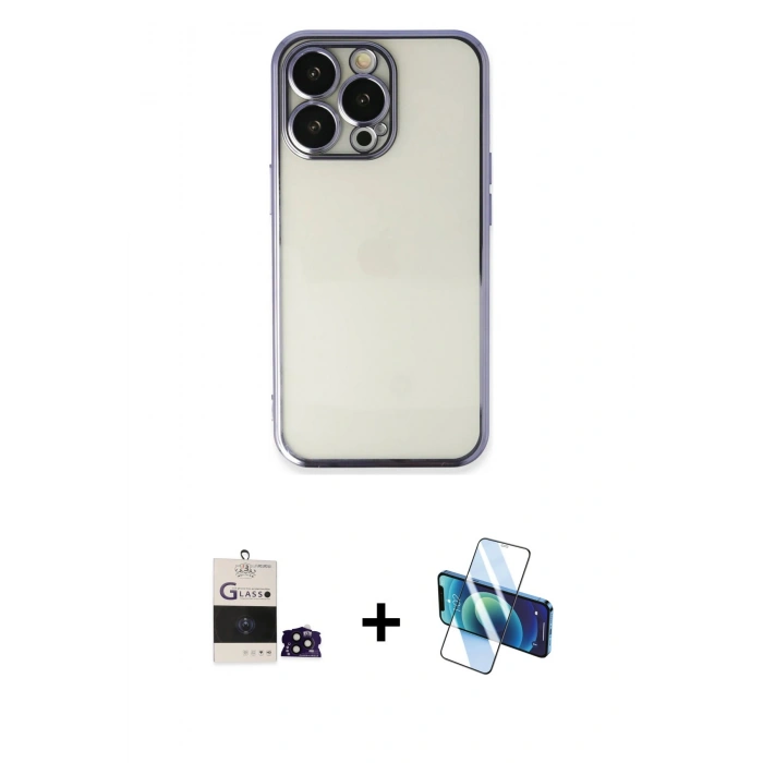 MARSİLYAN™- iPhone 14 Pro Max Kılıf Vadi Minimal - Siyah 3D Antistatik Cam Ekran Koruyucu + Siyah Bilvis Titan Kamera Lens
