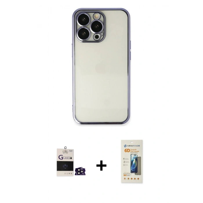 MARSİLYAN™- iPhone 14 Pro Max Kılıf Vadi Minimal - Siyah 6D Mat Seramik Hayalet Nano Ekran Koruyucu + Derin Mor Bilvis Titan Kamera Lens