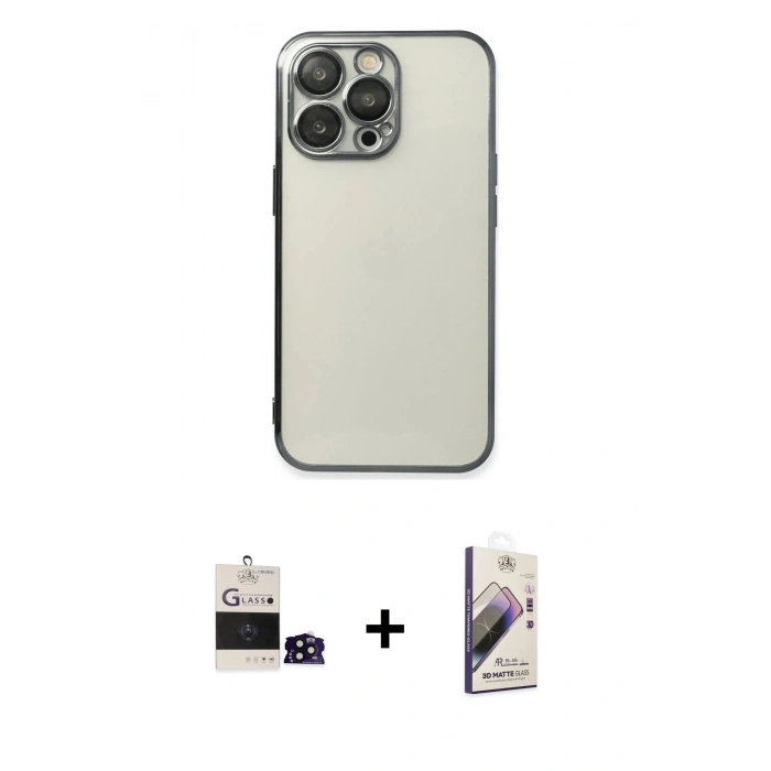 MARSİLYAN™- iPhone 14 Pro Max Kılıf Vadi Minimal - Siyah Bilvis 3D Mat Cam Ekran Koruyucu + Bilvis Titan Kamera Lens - SH