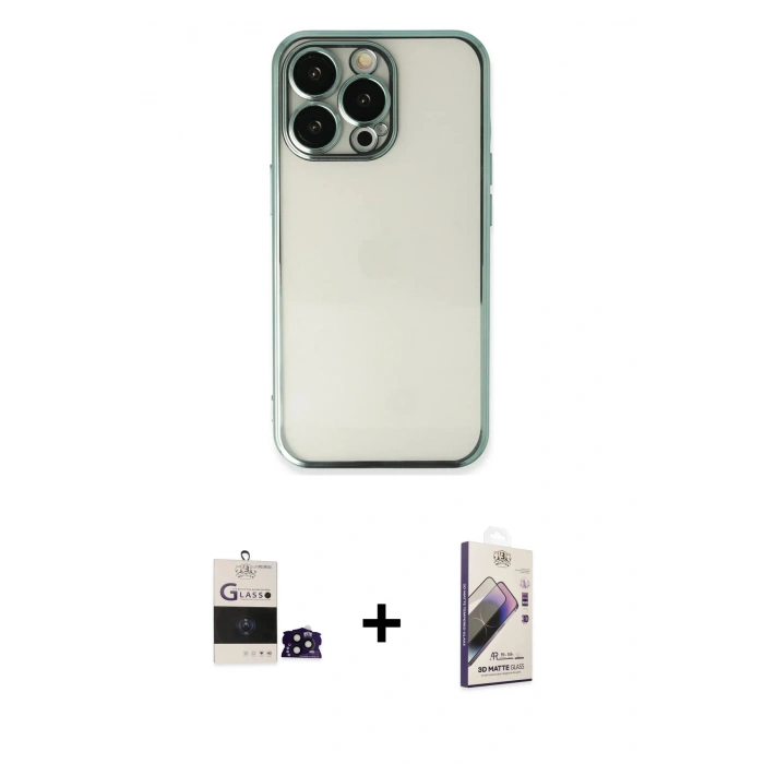 MARSİLYAN™- iPhone 14 Pro Max Kılıf Vadi Minimal - Siyah Bilvis 3D Mat Cam Ekran Koruyucu + Bilvis Titan Kamera Lens - SH