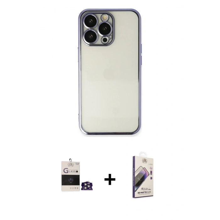 MARSİLYAN™- iPhone 14 Pro Max Kılıf Vadi Minimal - Siyah Bilvis 3D Mat Cam Ekran Koruyucu + Bilvis Titan Kamera Lens - GS