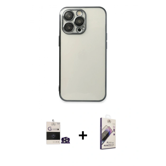 MARSİLYAN™- iPhone 14 Pro Max Kılıf Vadi Minimal - Siyah Bilvis 3D Mat Cam Ekran Koruyucu + Bilvis Titan Kamera Lens - GS
