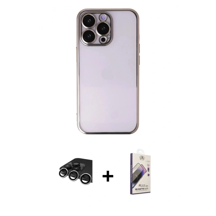 MARSİLYAN™- iPhone 14 Pro Max Kılıf Vadi Minimal - Siyah Bilvis 3D Mat Cam Ekran Koruyucu + Raze Metal Kamera Lens - GS