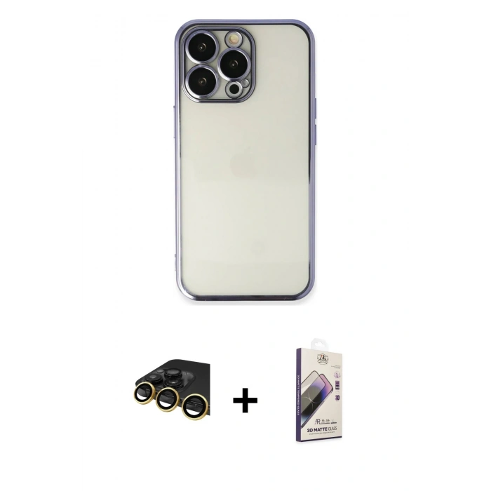 MARSİLYAN™- iPhone 14 Pro Max Kılıf Vadi Minimal - Siyah Bilvis 3D Mat Cam Ekran Koruyucu + Raze Metal Kamera Lens - GD