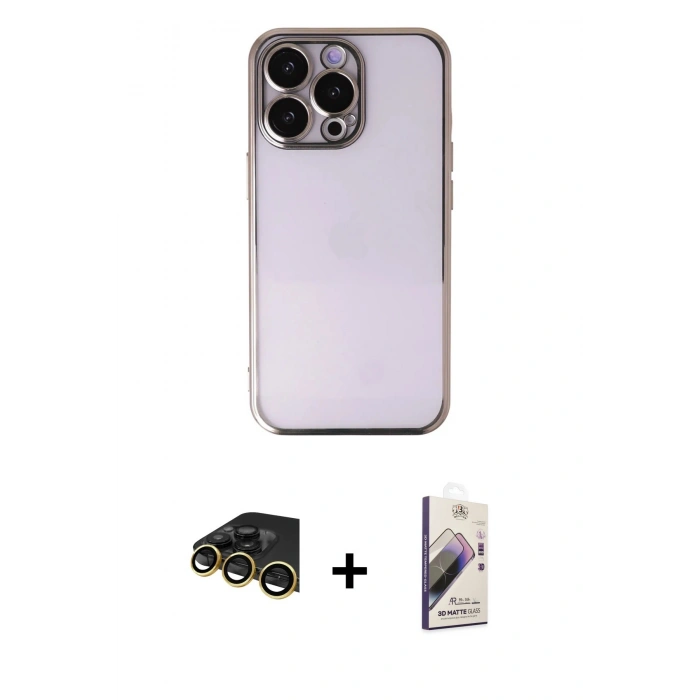 MARSİLYAN™- iPhone 14 Pro Max Kılıf Vadi Minimal - Siyah Bilvis 3D Mat Cam Ekran Koruyucu + Raze Metal Kamera Lens - GD