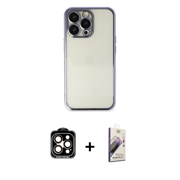 MARSİLYAN™- iPhone 14 Pro Max Kılıf Vadi Minimal - Siyah Bilvis 3D Mat Cam Ekran Koruyucu + PVD Metal Kamera Lens - TU