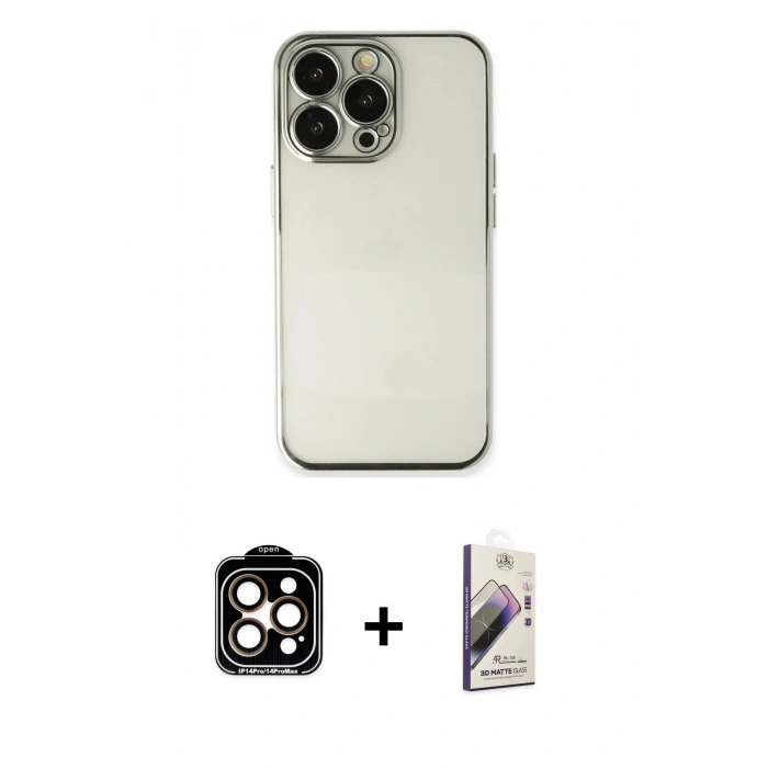 MARSİLYAN™- iPhone 14 Pro Max Kılıf Vadi Minimal - Siyah Bilvis 3D Mat Cam Ekran Koruyucu + PVD Metal Kamera Lens - TU