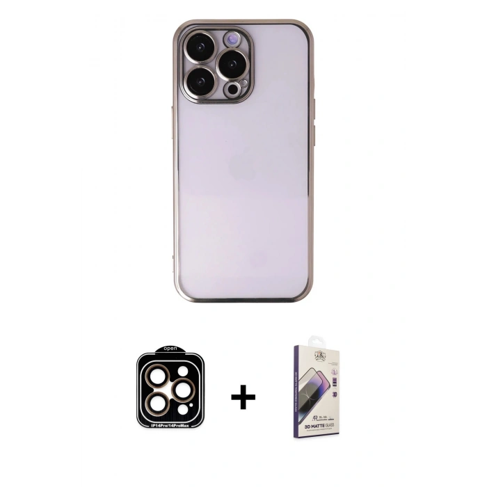 MARSİLYAN™- iPhone 14 Pro Max Kılıf Vadi Minimal - Siyah Bilvis 3D Mat Cam Ekran Koruyucu + PVD Metal Kamera Lens - TU