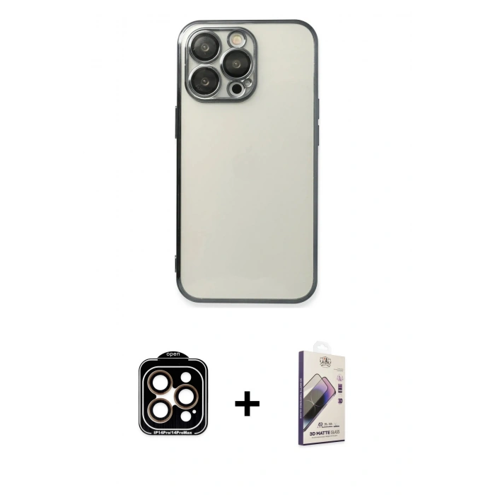MARSİLYAN™- iPhone 14 Pro Max Kılıf Vadi Minimal - Siyah Bilvis 3D Mat Cam Ekran Koruyucu + PVD Metal Kamera Lens - TU