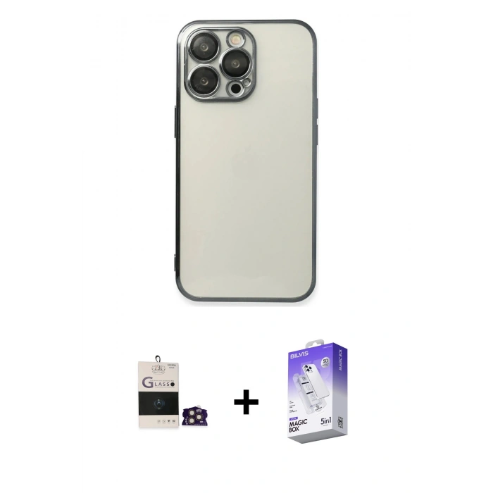 MARSİLYAN™- iPhone 14 Pro Max Kılıf Vadi Minimal - Siyah Bilvis 5in1 3D Magic Cam Ekran Koruyucu + Bilvis Titan Kamera Lens - GD