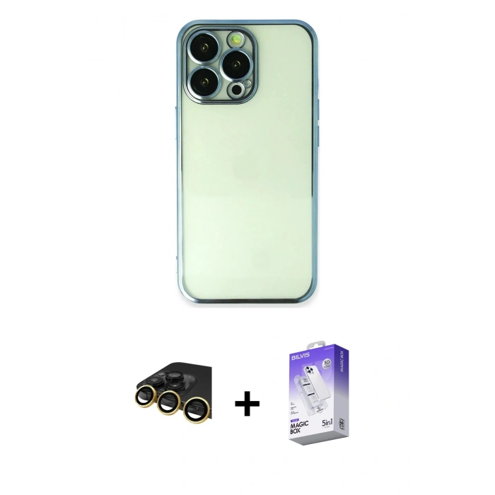 MARSİLYAN™- iPhone 14 Pro Max Kılıf Vadi Minimal - Siyah Bilvis 5in1 3D Magic Cam Ekran Koruyucu + Raze Metal Kamera Lens - GD