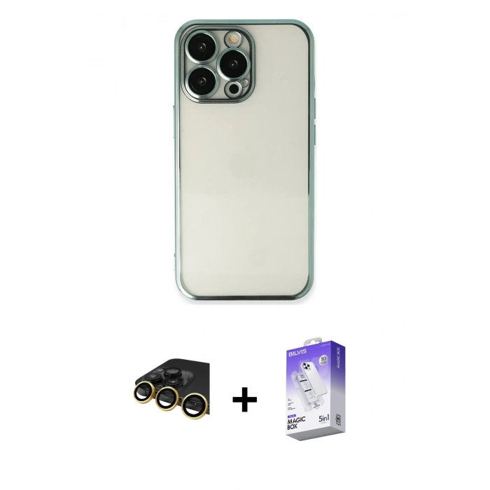 MARSİLYAN™- iPhone 14 Pro Max Kılıf Vadi Minimal - Siyah Bilvis 5in1 3D Magic Cam Ekran Koruyucu + Raze Metal Kamera Lens - GD