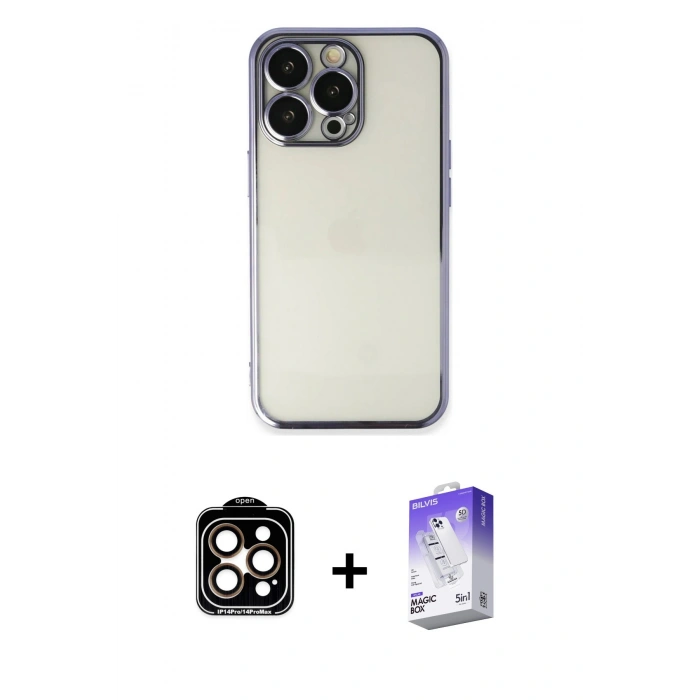 MARSİLYAN™- iPhone 14 Pro Max Kılıf Vadi Minimal - Siyah Bilvis 5in1 3D Magic Cam Ekran Koruyucu + PVD Metal Kamera Lens - TU