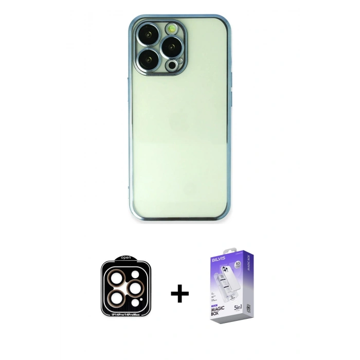 MARSİLYAN™- iPhone 14 Pro Max Kılıf Vadi Minimal - Siyah Bilvis 5in1 3D Magic Cam Ekran Koruyucu + PVD Metal Kamera Lens - TU