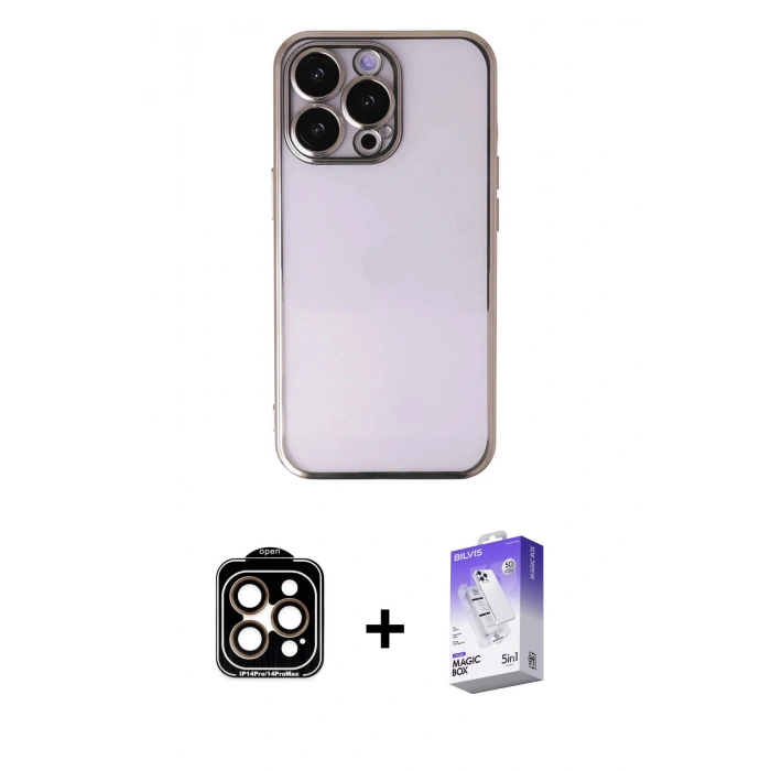 MARSİLYAN™- iPhone 14 Pro Max Kılıf Vadi Minimal - Siyah Bilvis 5in1 3D Magic Cam Ekran Koruyucu + PVD Metal Kamera Lens - TU