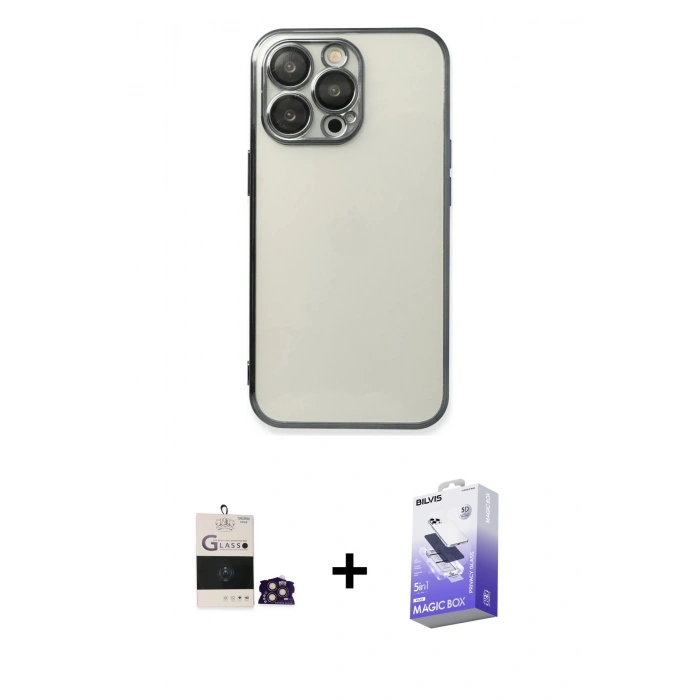 MARSİLYAN™- iPhone 14 Pro Max Kılıf Vadi Minimal - Siyah Bilvis 5in1 5D Magic Hayalet Cam Ekran Koruyucu + Bilvis Titan Kamera Lens - GD