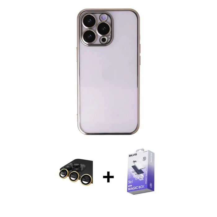 MARSİLYAN™- iPhone 14 Pro Max Kılıf Vadi Minimal - Siyah Bilvis 5in1 5D Magic Hayalet Cam Ekran Koruyucu + Gold Raze Metal Kamera Lens