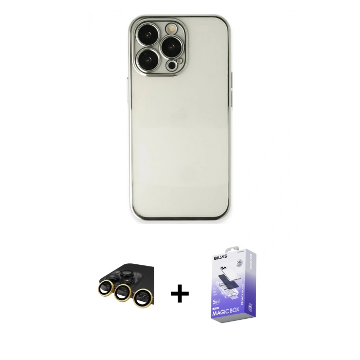 MARSİLYAN™- iPhone 14 Pro Max Kılıf Vadi Minimal - Siyah Bilvis 5in1 5D Magic Hayalet Cam Ekran Koruyucu + Gold Raze Metal Kamera Lens