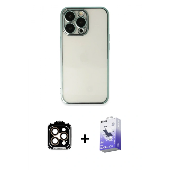 MARSİLYAN™- iPhone 14 Pro Max Kılıf Vadi Minimal - Siyah Bilvis 5in1 5D Magic Hayalet Cam Ekran Koruyucu + PVD Metal Kamera Lens - TU