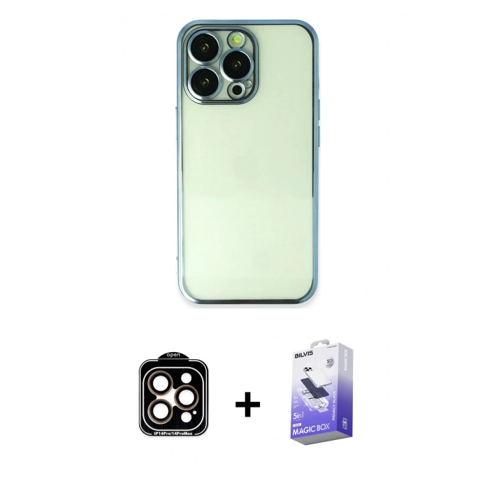 MARSİLYAN™- iPhone 14 Pro Max Kılıf Vadi Minimal - Siyah Bilvis 5in1 5D Magic Hayalet Cam Ekran Koruyucu + PVD Metal Kamera Lens - TU