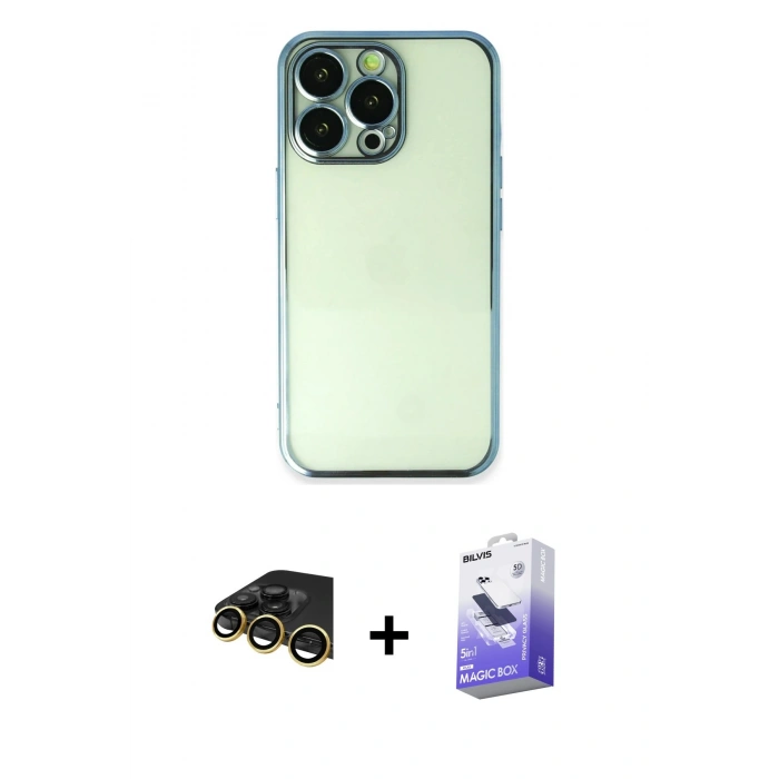 MARSİLYAN™- iPhone 14 Pro Max Kılıf Vadi Minimal - Siyah Bilvis 5in1 5D Magic Hayalet Cam Ekran Koruyucu + Gold Raze Metal Kamera Lens