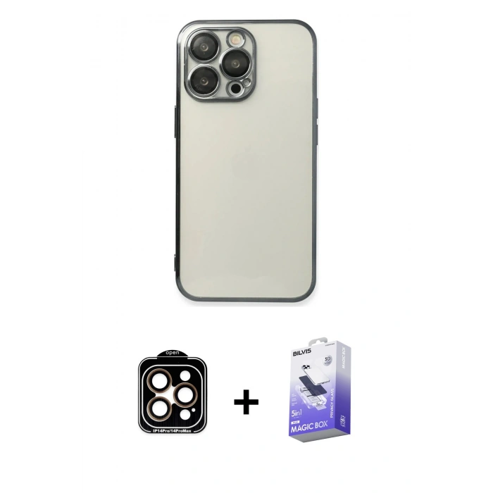 MARSİLYAN™- iPhone 14 Pro Max Kılıf Vadi Minimal - Siyah Bilvis 5in1 5D Magic Hayalet Cam Ekran Koruyucu + PVD Metal Kamera Lens - TU