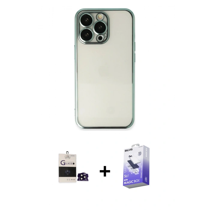 MARSİLYAN™- iPhone 14 Pro Max Kılıf Vadi Minimal - Siyah Bilvis 5in1 5D Magic Hayalet Cam Ekran Koruyucu + Siyah Bilvis Titan Kamera Lens