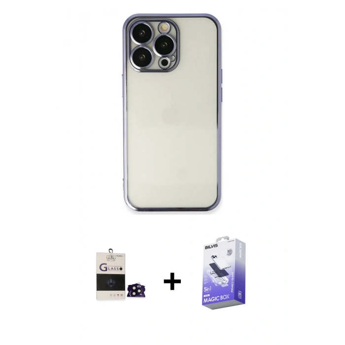 MARSİLYAN™- iPhone 14 Pro Max Kılıf Vadi Minimal - Siyah Bilvis 5in1 5D Magic Hayalet Cam Ekran Koruyucu + Siyah Bilvis Titan Kamera Lens