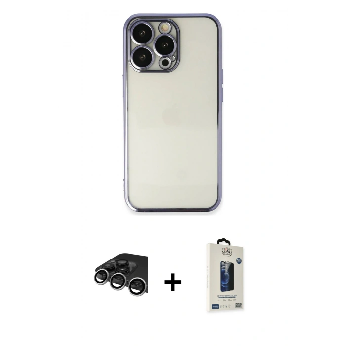 MARSİLYAN™- iPhone 14 Pro Max Kılıf Vadi Minimal - Siyah Bilvis Hayalet Cam Ekran Koruyucu + Raze Metal Kamera Lens - GS
