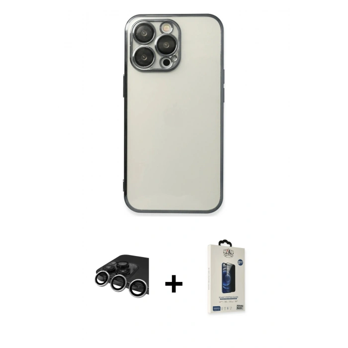 MARSİLYAN™- iPhone 14 Pro Max Kılıf Vadi Minimal - Siyah Bilvis Hayalet Cam Ekran Koruyucu + Raze Metal Kamera Lens - GS