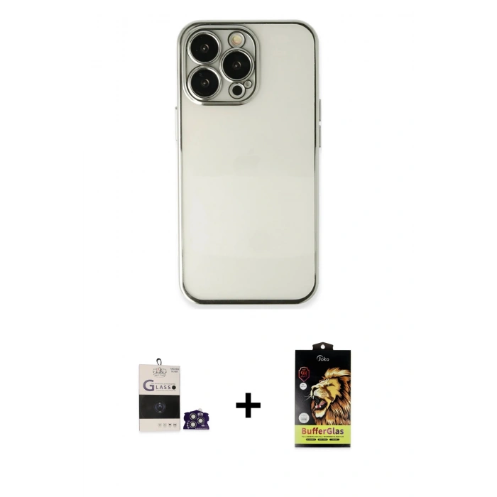 MARSİLYAN™- iPhone 14 Pro Max Kılıf Vadi Minimal - Siyah Buffer Cam Ekran Koruyucu + Gümüş Bilvis Titan Kamera Lens