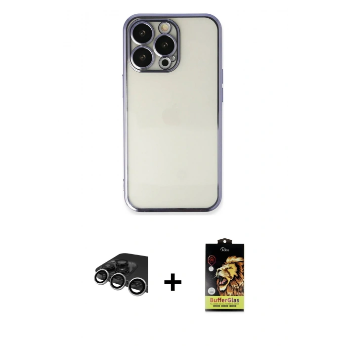 MARSİLYAN™- iPhone 14 Pro Max Kılıf Vadi Minimal - Siyah Buffer Cam Ekran Koruyucu + Gümüş Raze Metal Kamera Lens