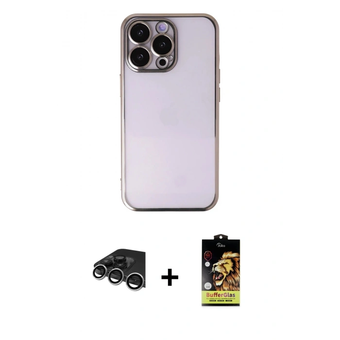MARSİLYAN™- iPhone 14 Pro Max Kılıf Vadi Minimal - Siyah Buffer Cam Ekran Koruyucu + Gümüş Raze Metal Kamera Lens