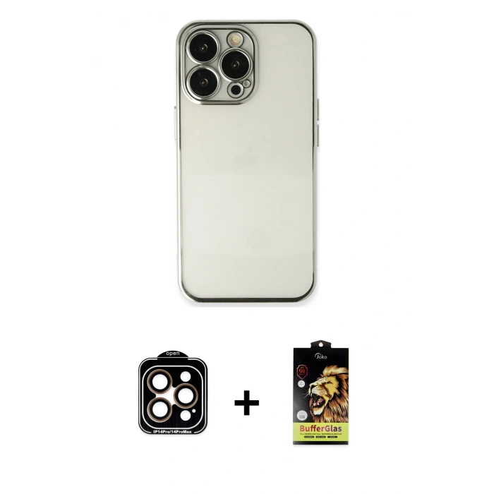 MARSİLYAN™- iPhone 14 Pro Max Kılıf Vadi Minimal - Siyah Buffer Cam Ekran Koruyucu + PVD Metal Kamera Lens - TU
