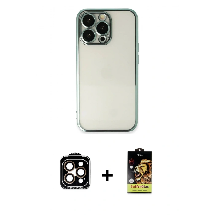 MARSİLYAN™- iPhone 14 Pro Max Kılıf Vadi Minimal - Siyah Buffer Cam Ekran Koruyucu + PVD Metal Kamera Lens - TU
